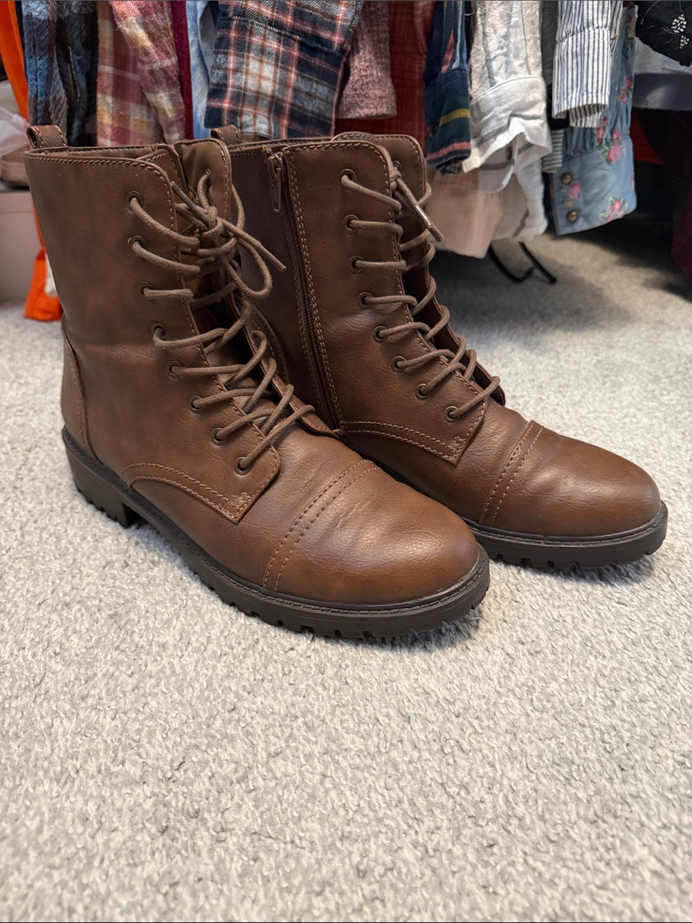 Universal Thread Brown Lace-Up Combat Boots with Side Zip